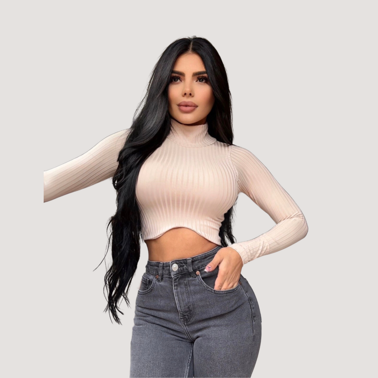 Turtleneck tank top-long sleeves- ribbed - Saida Fashion