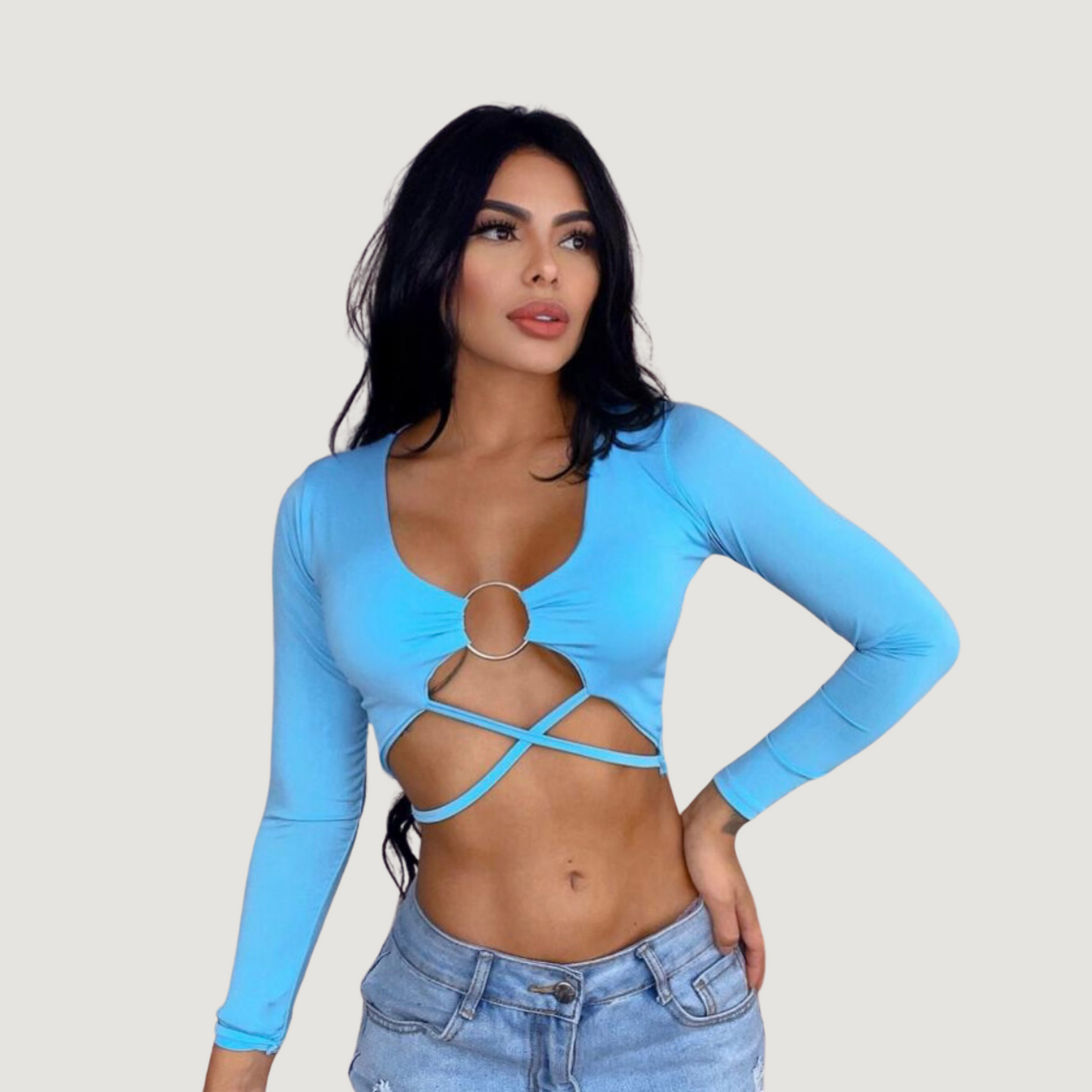 Long sleeve crop top- open neckline - Saida Fashion