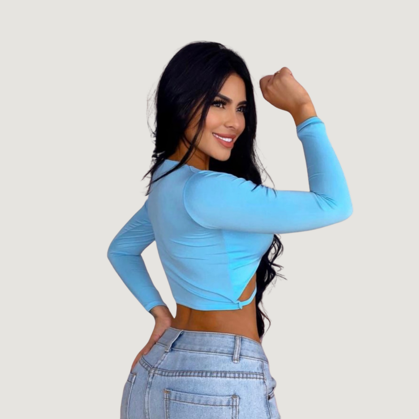 Long sleeve crop top- open neckline - Saida Fashion