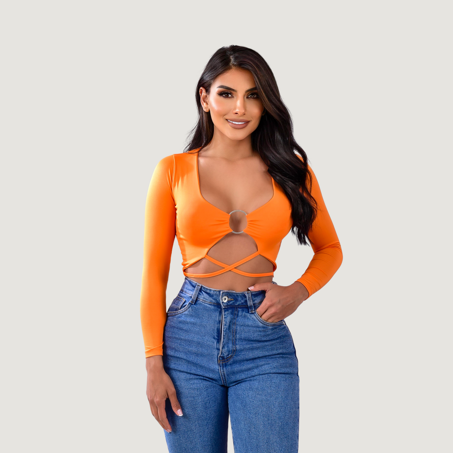 Long sleeve crop top- open neckline - Saida Fashion