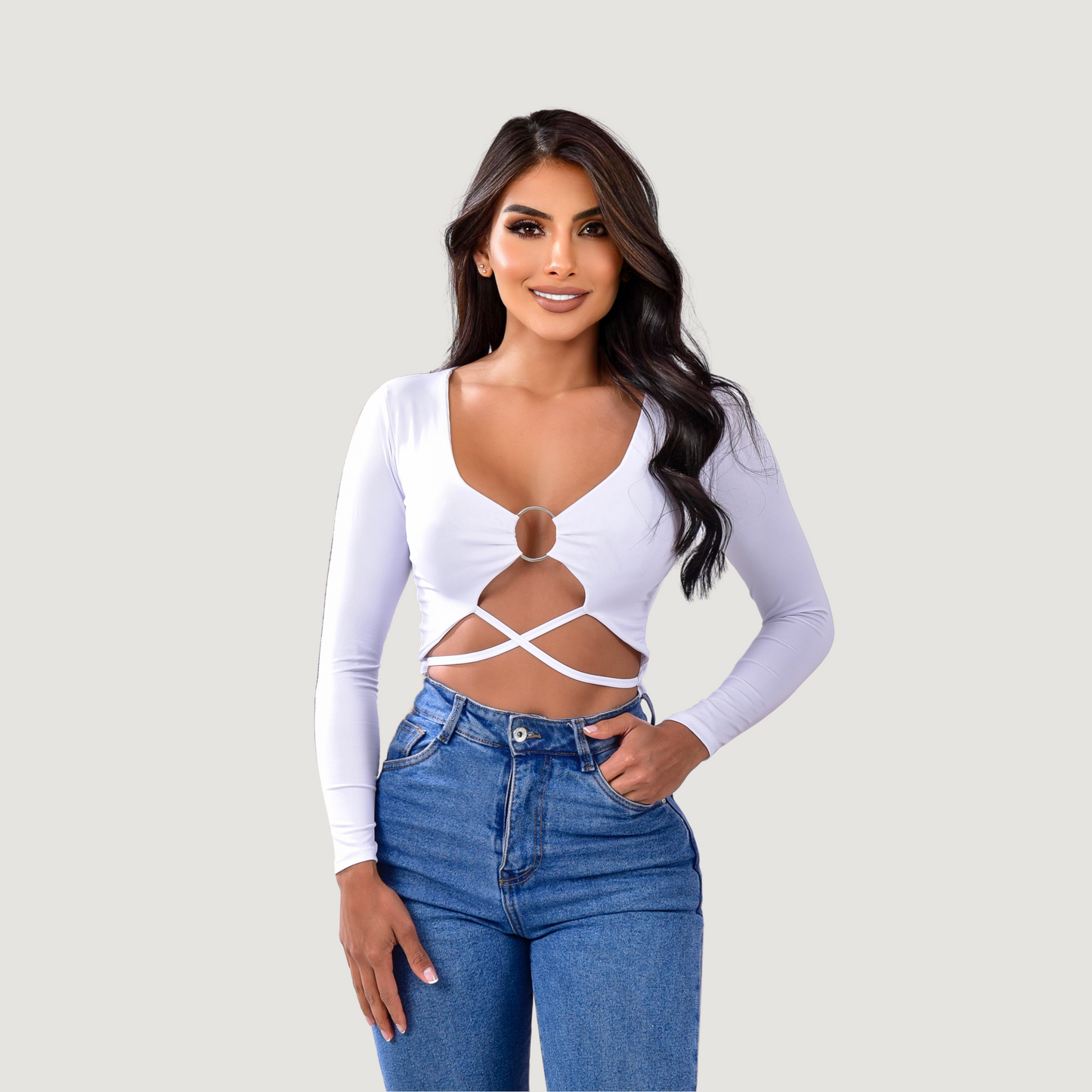 Long sleeve crop top- open neckline - Saida Fashion