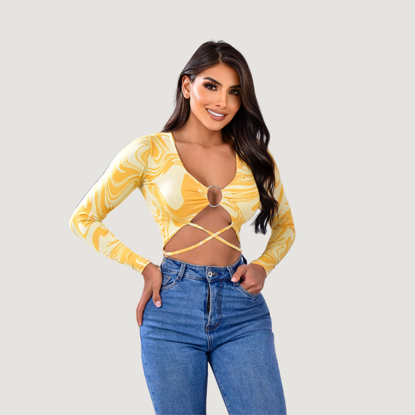 Long sleeve crop top- open neckline - Saida Fashion