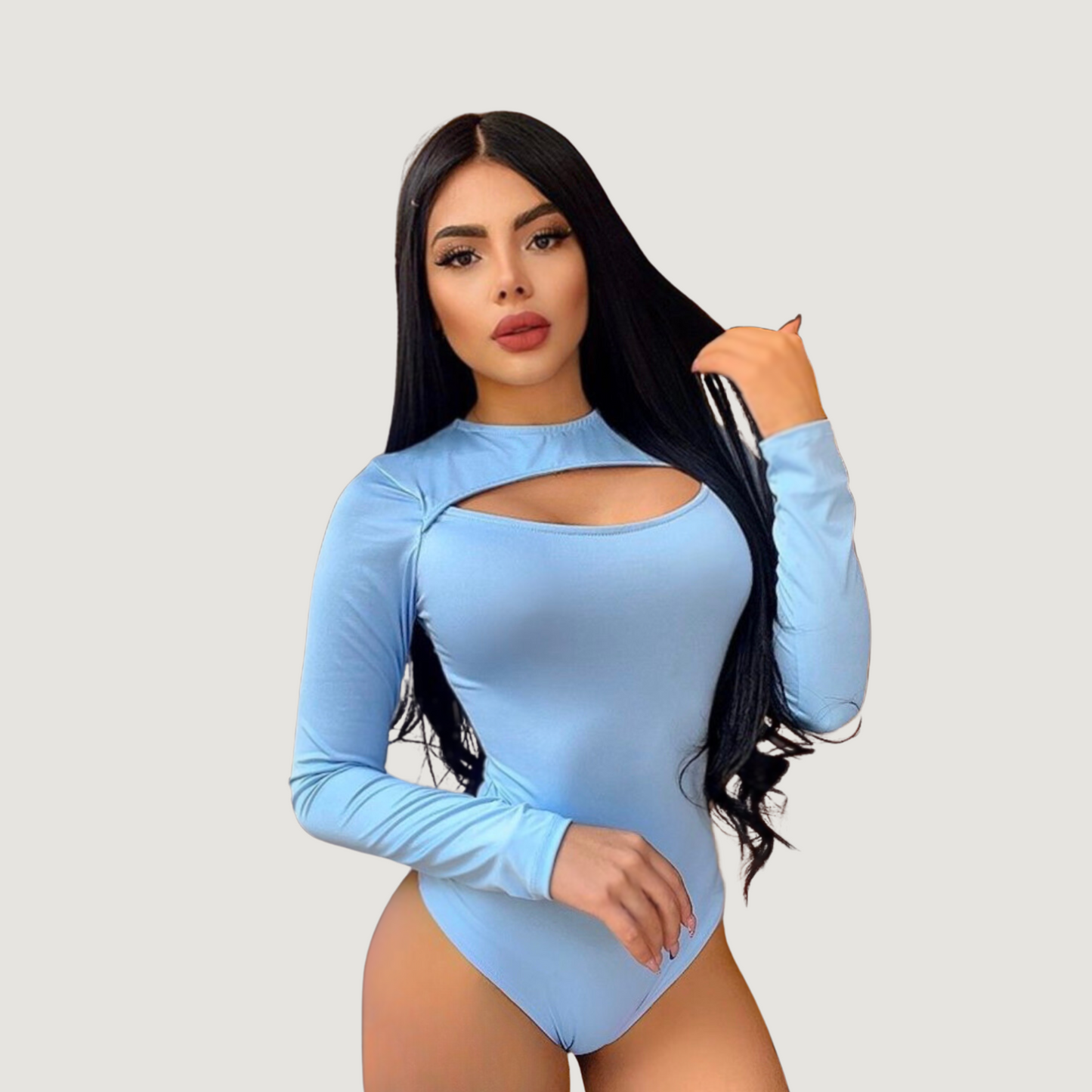 Cutout Bodysuit - Oval Neck Long Sleeve - Saida Fashion