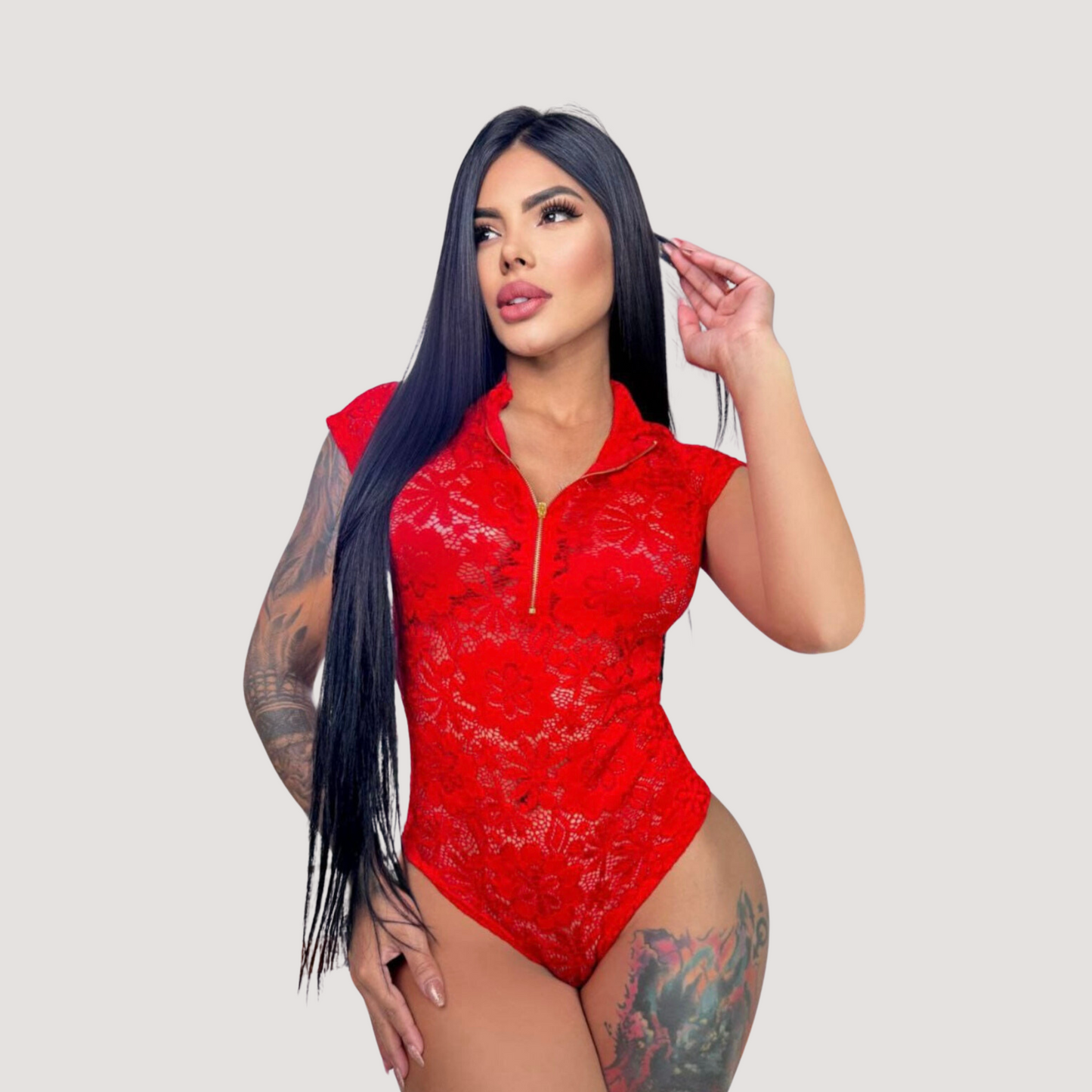 Women's Lace Bodysuit Top - Zipper Detail - Saida Fashion