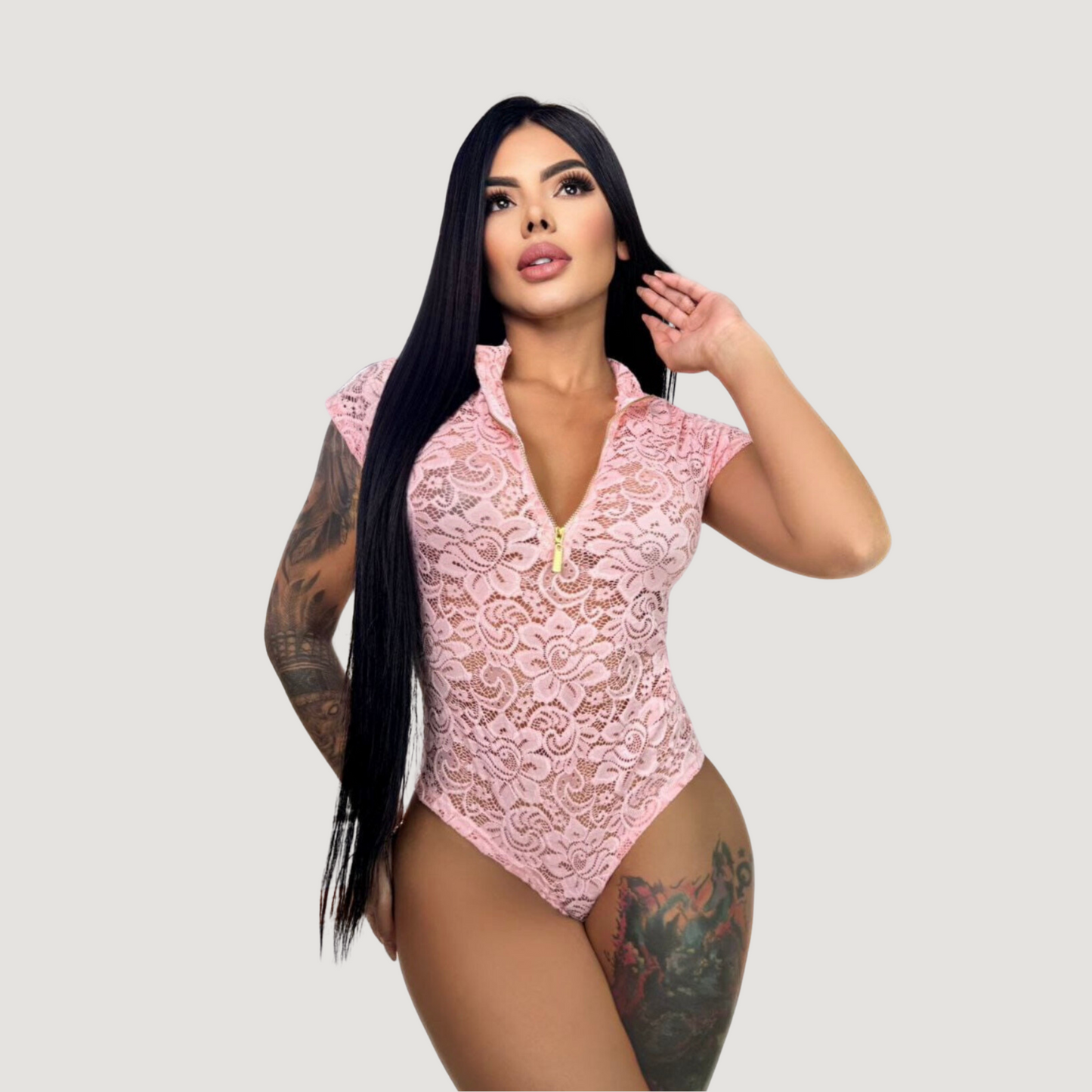 Women's Lace Bodysuit Top - Zipper Detail - Saida Fashion