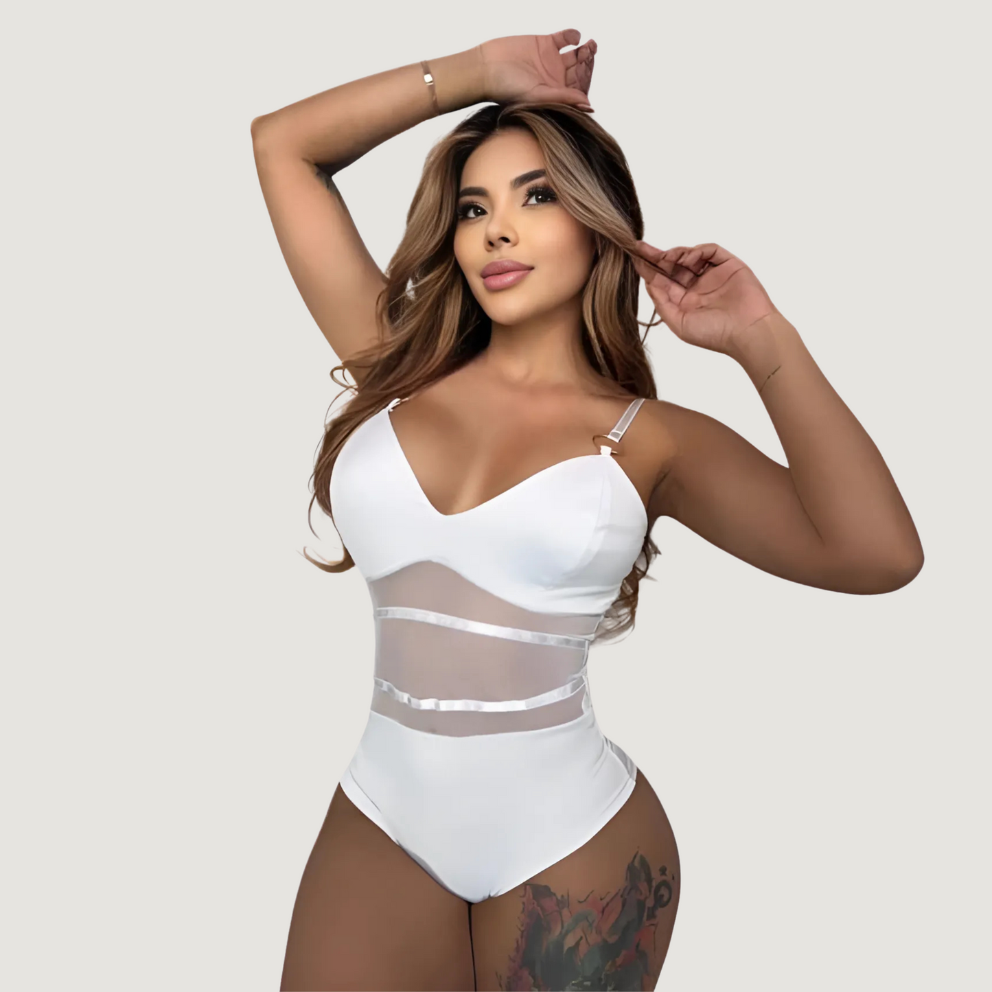 Sheer Mesh Bodysuit with Metallic Touch..