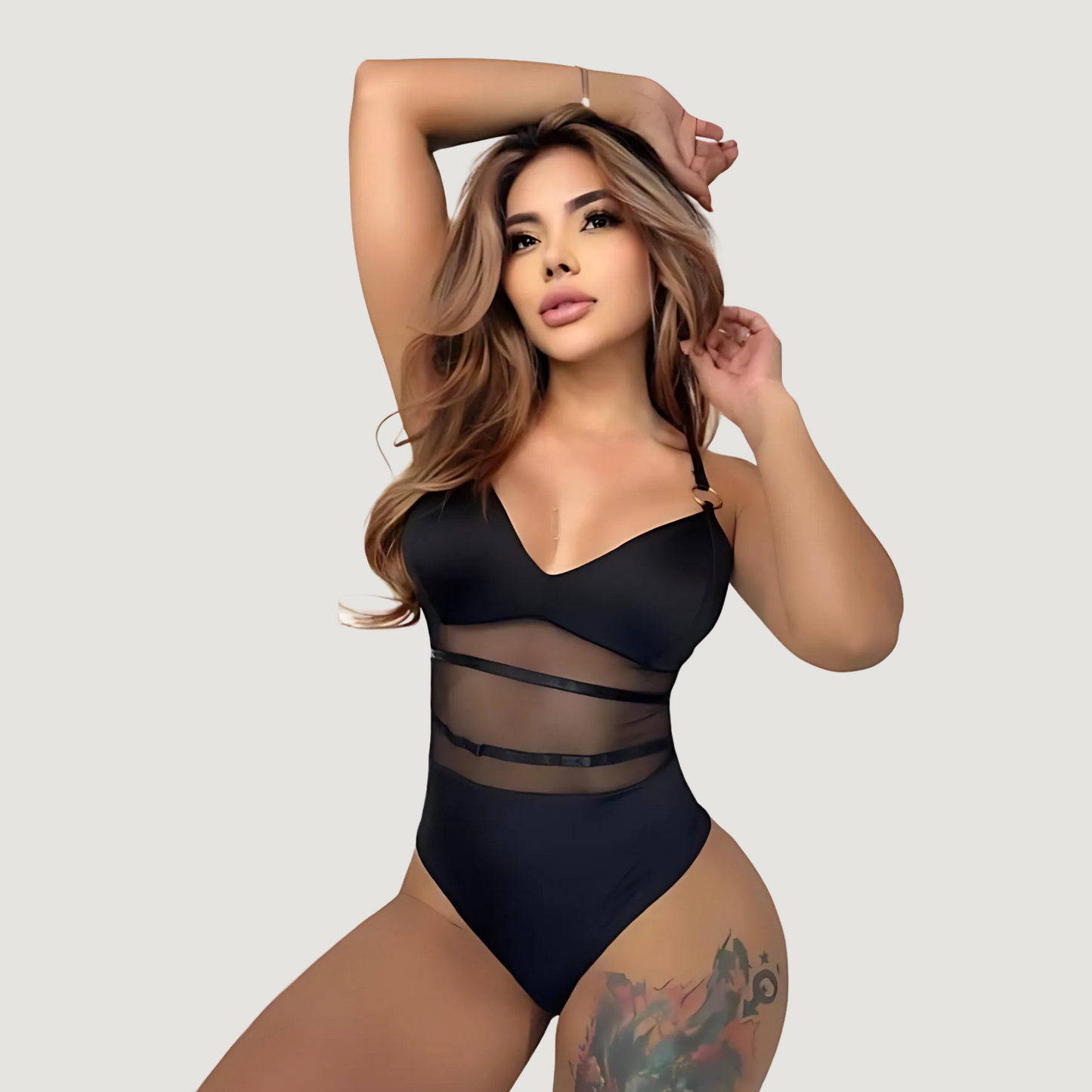 Sheer Mesh Bodysuit with Metallic Touch..