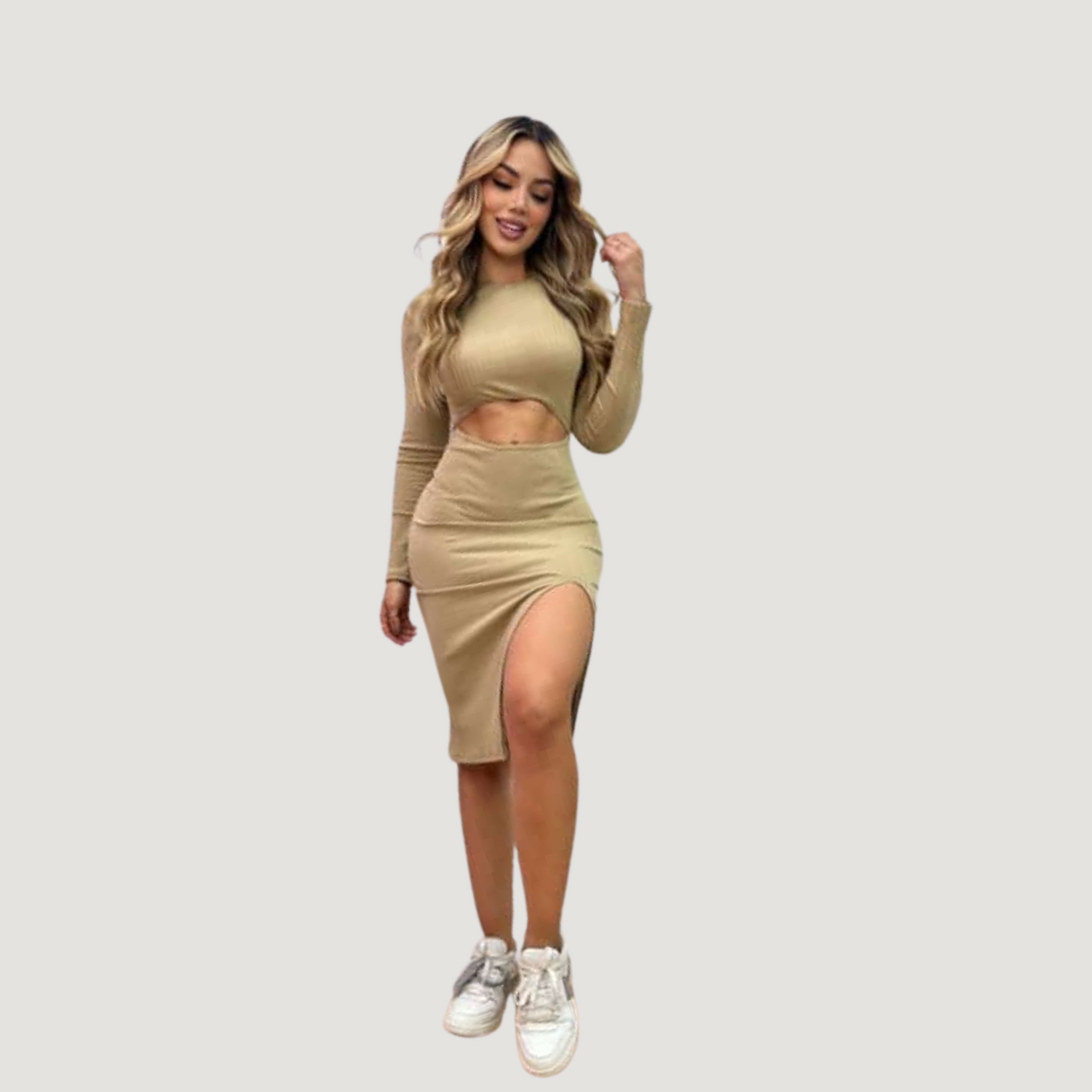Ribbed Long Sleeve Dress with Slit - Saida Fashion