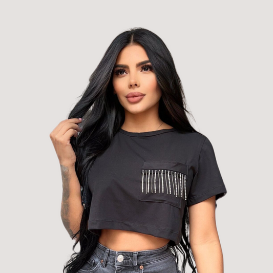 T-Shirt Crop Top - Loose Fit - Chain Detail..