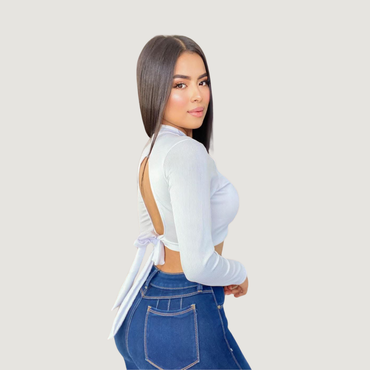 Ribbed Backless Long Sleeve Top