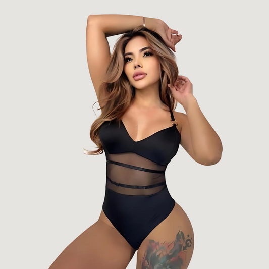 Sheer Mesh Bodysuit with Metallic Touch..