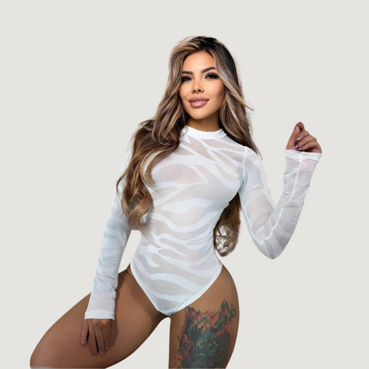 Leopard Mesh Bodysuit with Velvet Texture