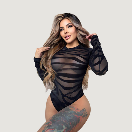 Leopard Mesh Bodysuit with Velvet Texture