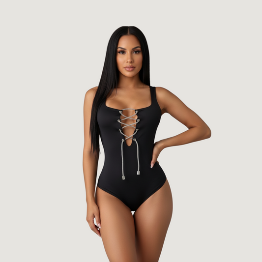 Criss Cross Bodysuit - Deep V-Neck Style