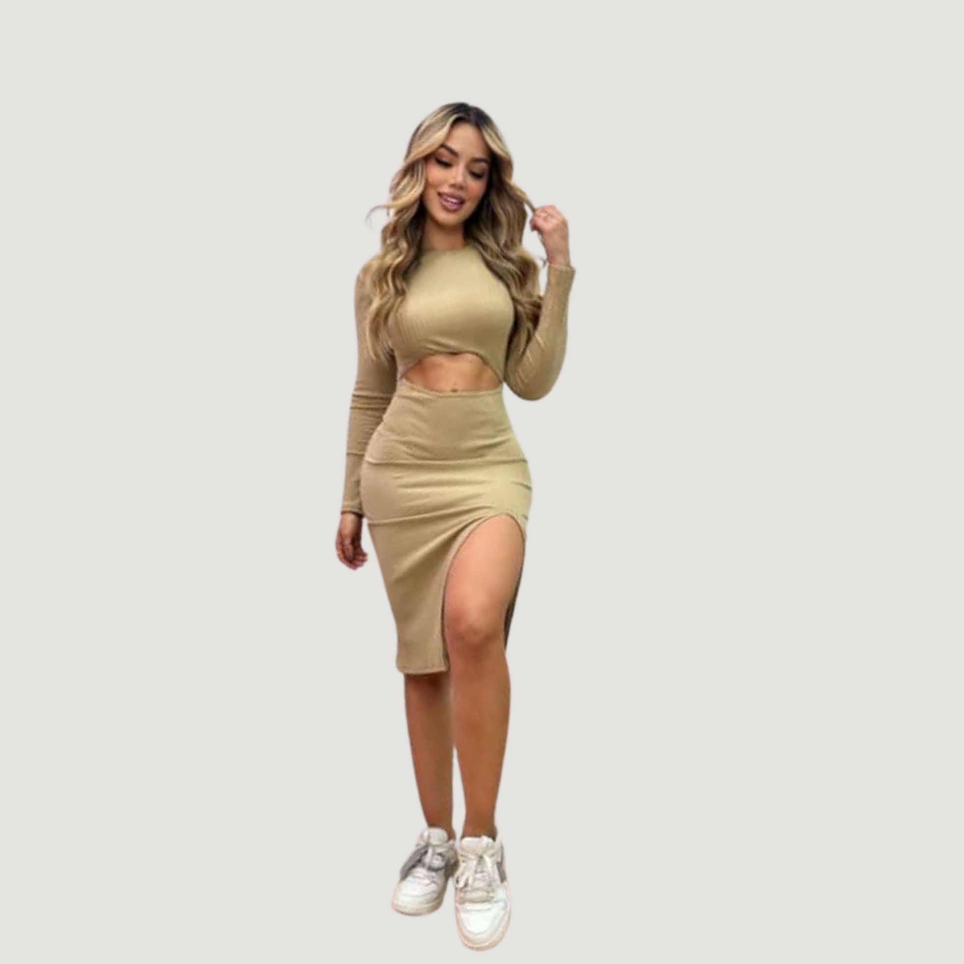 Ribbed Long Sleeve Dress with Slit - Saida Fashion 